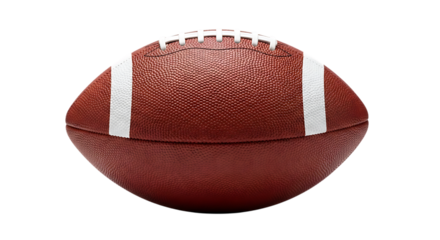Close-up of a textured brown American football with white laces and stripes, isolated on a white or transparent background, cutout, PNG