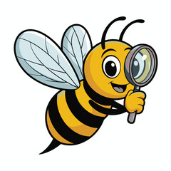 A cheerful cartoon bee character holding a magnifying glass to investigate or observe