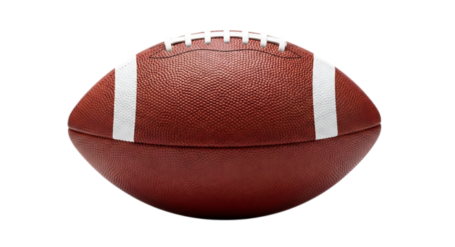 Close-up of a textured brown American football with white laces and stripes, isolated on a white or transparent background, cutout, PNG