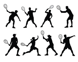 Dynamic silhouettes of tennis players in various poses and actions
