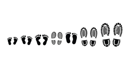 A collection of footprints and shoe prints showing growth progression