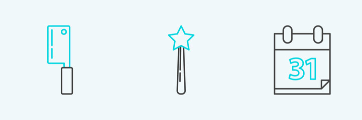 Set line Calendar with Halloween date 31 october, Meat chopper and Magic wand icon. Vector
