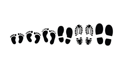 Footprint progression from baby bare feet to adult shoe and boot prints