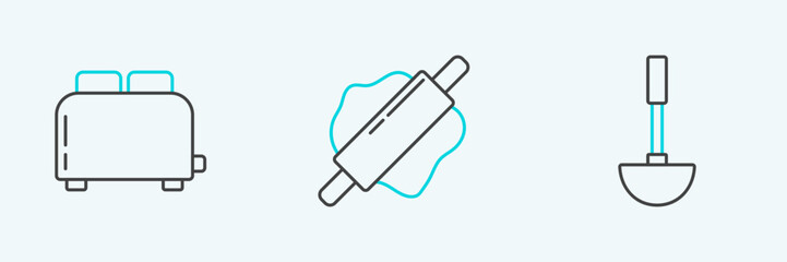 Set line Kitchen ladle, Toaster with toasts and Rolling pin icon. Vector