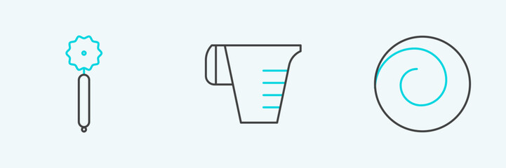 Set line Roll bun with cinnamon, Pizza knife and Measuring cup icon. Vector