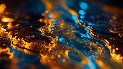 Flowing amber wave with cool blue accents – macro fluid motion abstract background ideal for premium wallpapers, branding and modern design projects

