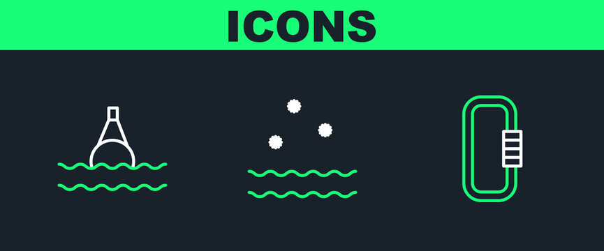 Set line Carabiner, Floating buoy on the sea and Cold and waves icon. Vector