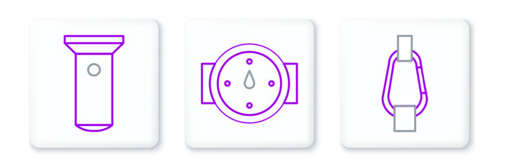 Set line Carabiner, Flashlight and Wind rose icon. Vector