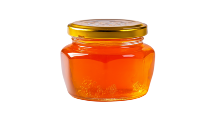 Honey in a glass transparent jar with gold lid, isolated on white or PNG background, showcasing golden color and viscous texture.