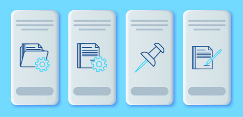 Set line Document settings with gears, Push pin, Folder and Blank notebook and pen icon. Vector
