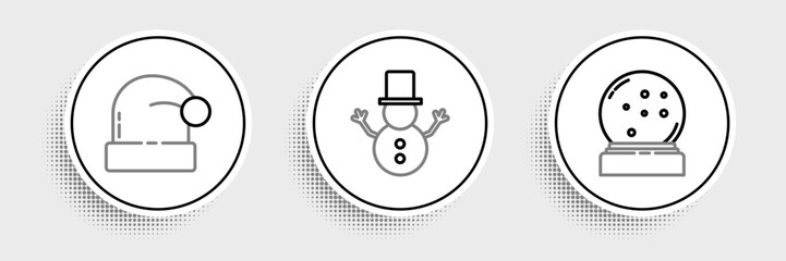 Set line Christmas snow globe with fallen snow, Santa Claus hat and snowman icon. Vector