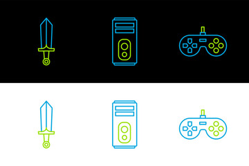 Set line Gamepad, Sword for game and Computer icon. Vector