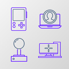 Set line Computer monitor, Joystick for arcade machine, Create account screen and Portable video game console icon. Vector