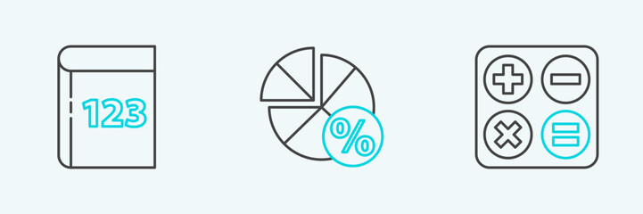 Fototapeta premium Set line Calculator, Book with word mathematics and Graph, schedule, chart, diagram icon. Vector