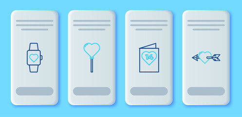 Set line Balloons in form of heart, Valentines day flyer with, Heart the center wrist watch and Amour and arrow icon. Vector