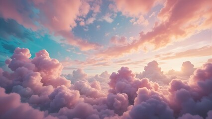 Ethereal Pastel Sky with Fluffy Pink and Purple Clouds at Sunrise or Sunset, Dreamy Cloudscape Background