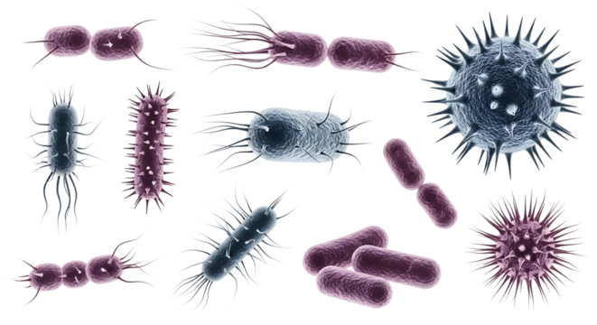 Diverse collection of rod shaped bacteria and spherical viruses with flagella and spikes, isolated on a white or transparent background, cutout, PNG