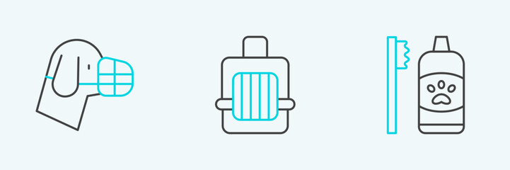 Obraz premium Set line Dental hygiene for pets, Dog in muzzle and Pet carry case icon. Vector