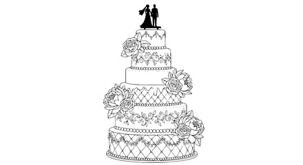 Vector of a wedding cake with floral decorations and elegant layers, detailed line illustration