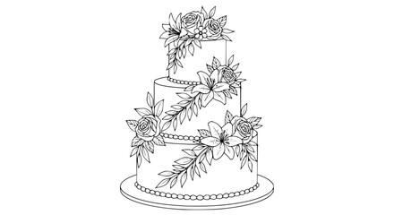 Vector of a wedding cake with floral decorations and elegant layers, detailed line illustration