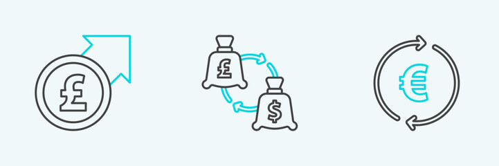 Set line Coin money with euro symbol, Financial growth and pound and Currency exchange icon. Vector