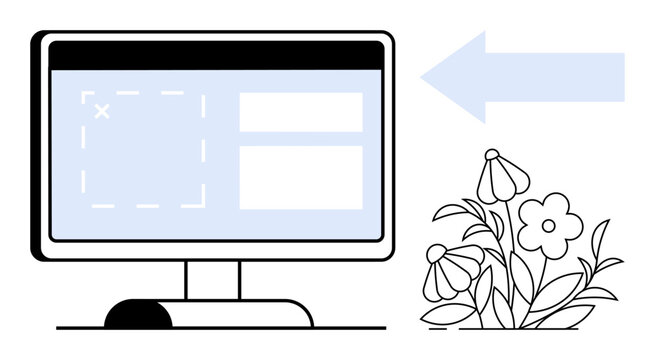 Computer screen displaying UI design with empty placeholders and a blue arrow pointing at blooming flowers. Ideal for sustainability, eco-tech, digital design, user interface, innovation, nature-tech