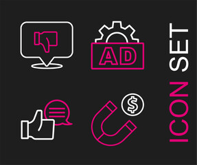 Set line Magnet with money, Customer product rating, Advertising and Dislike speech bubble icon. Vector