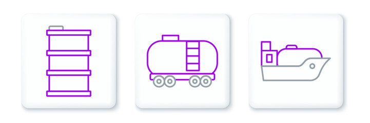 Set line Oil tanker ship, Barrel oil and railway cistern icon. Vector