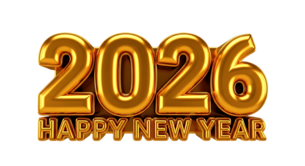 Golden 3 D Numbers 2026 and Happy New Year Text, isolated on a white or transparent background, cutout, PNG