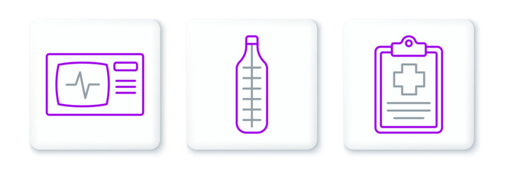 Set line Patient record, Monitor with cardiogram and Medical thermometer icon. Vector
