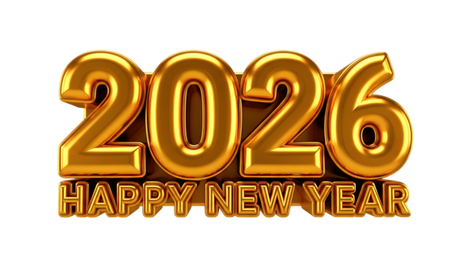 Golden 3 D Numbers 2026 and Happy New Year Text, isolated on a white or transparent background, cutout, PNG