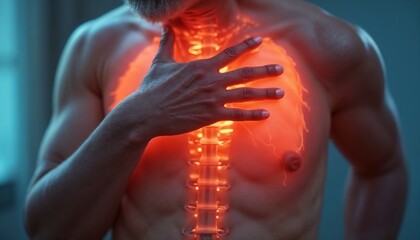 Man with glowing chest holding heart in emotional expression, senior holding chest in pain