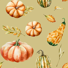 Watercolor seamless pattern with pumpkins painted in orange and green tones. Hand-drawn maple, oak leaf, halloween autumn vegetable perfect for harvest and thanksgiving themes. Isolated botanical