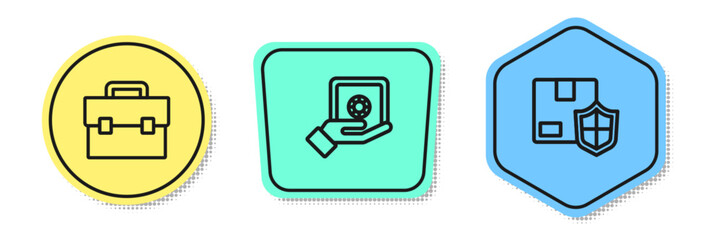 Set line Briefcase, Safe in hand and Delivery security with shield. Colored shapes. Vector