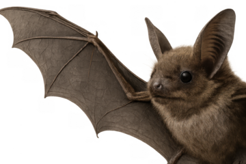 Cute brown bat with spread wings, nocturnal animal close-up, flying mammal isolated on transparent background