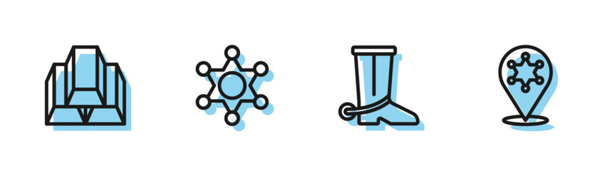 Set line Cowboy boot, Gold bars, Hexagram sheriff and icon. Vector