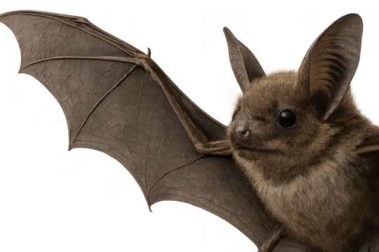 Cute brown bat with spread wings, nocturnal animal close-up, flying mammal isolated on transparent background