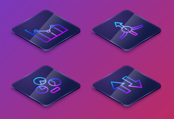 Set Isometric line Pie chart infographic, , Arrow and . Blue square button. Vector