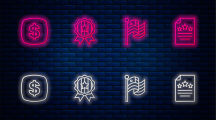 Set line Medal with star, American flag, Dollar symbol and Declaration of independence. Glowing neon icon on brick wall. Vector