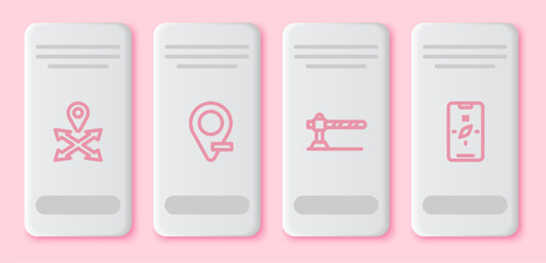 Set line Location, , Parking car barrier and Compass mobile. White rectangle button. Vector