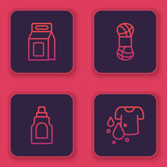 Set line Laundry detergent, Bottle for cleaning agent, Yarn and Dirty t-shirt. Blue square button. Vector
