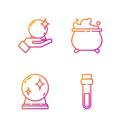 Set line Bottle with love potion, Magic ball, Magic ball on hand and Witch cauldron. Gradient color icons. Vector