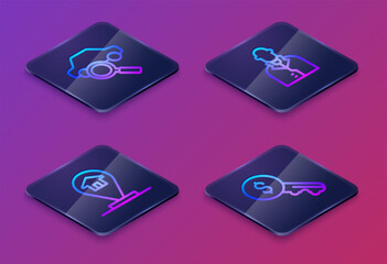 Set Isometric line Car sharing, Location house, Realtor and Rent key. Blue square button. Vector
