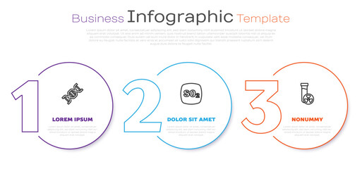 Set line DNA symbol, Sulfur dioxide SO2 and Test tube with toxic liquid. Business infographic template. Vector