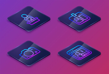 Set Isometric line Breaking news, Photo camera, Journalist id card and Information. Blue square button. Vector