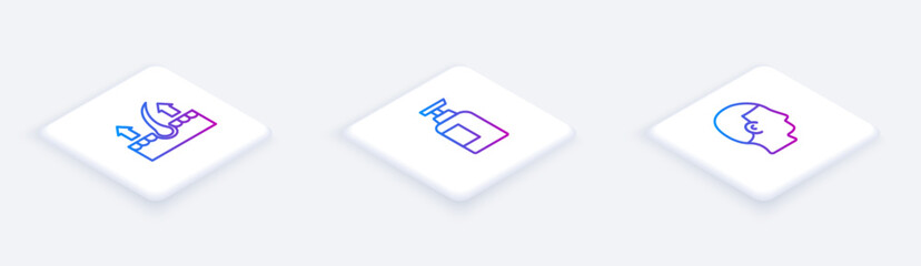 Set Isometric line Human hair follicle, Bottle of shampoo and Hairstyle for men. White square button. Vector