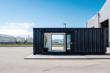 Naklejka premium Modern shipping container transformed into minimalist office space located in an industrial area with clear blue sky and greenhouses in the background providing a serene environment for work