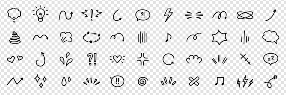 Comic expression sign and movement effect doodle set. Anime and manga symbols. Japanese decorative lines, character emotion in sketch style. Hand drawn vector illustration