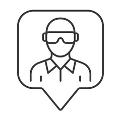 Thin line worker goggles icon inside square pin, black vector symbol for eye protection, labor safety, and industrial prevention.