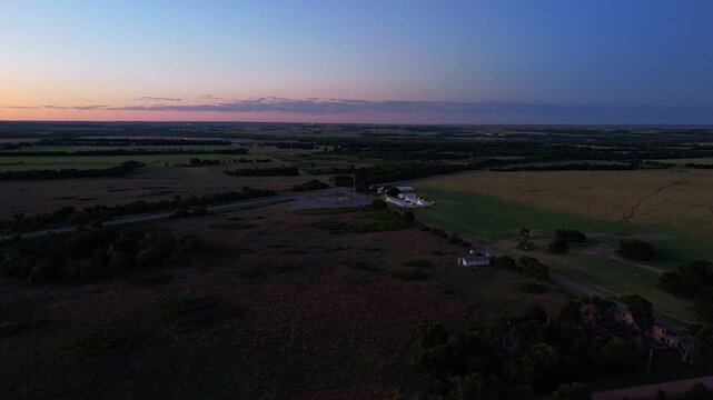 Aerial landscape of desert sunset land in rural historic US route 66 Hext Texas Menard County TX